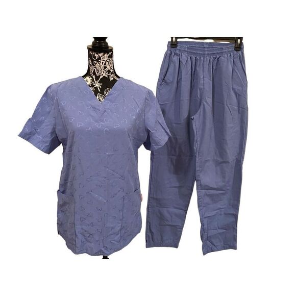 No Brand Tops - Heart Pattern Scrub Top And Pants Set Uniform Workwear Occupational Work